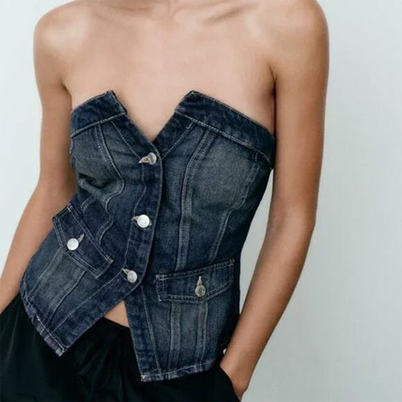 Zara Strapless Denim Top - Size S - Picture 1 of 7